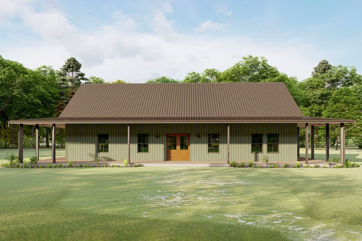 House plan exterior. One-story structure with a wrap-around porch, metal roof, and rectangular windows. Double doors centered on the facade.