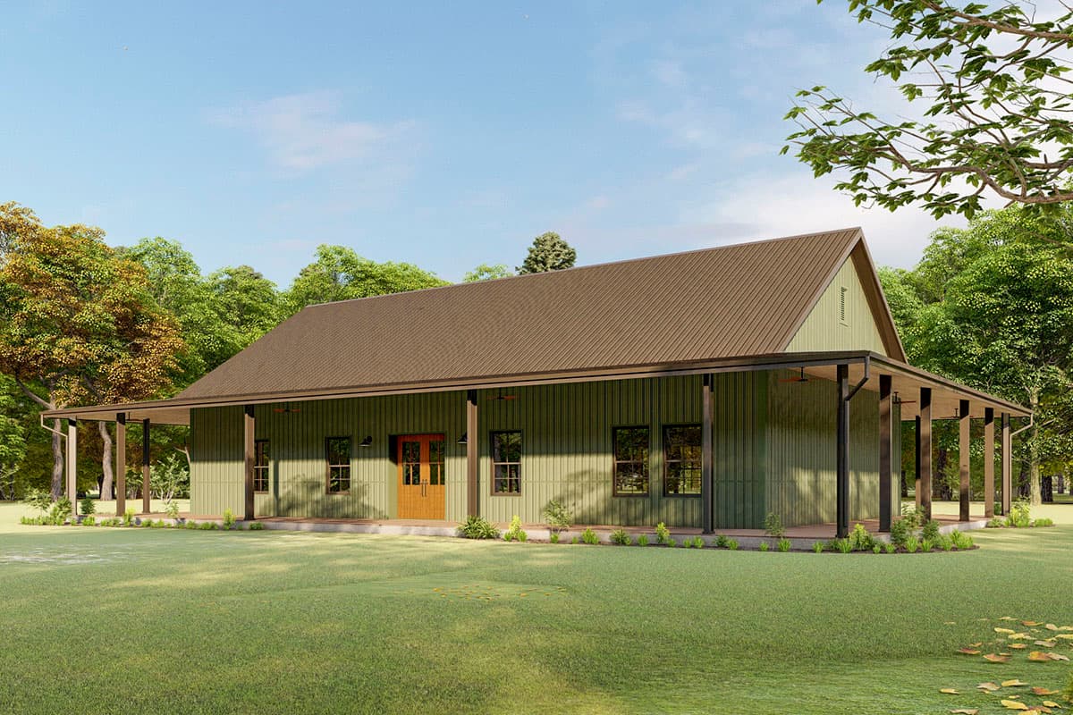 House plan exterior: One-story Modern Farmhouse with a large wraparound porch, metal gable roof, and double entry doors.