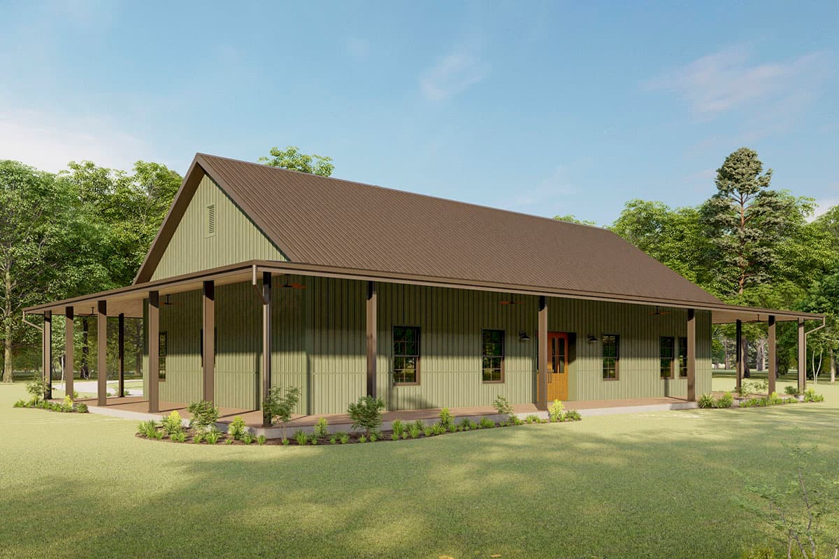 Ranch house plan exterior with wrap-around porch, vertical siding, and a metal gable roof.