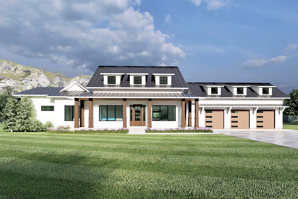 House plan exterior with modern farmhouse style. Features include a porch with columns, gabled roof, and three-car garage. Two stories.