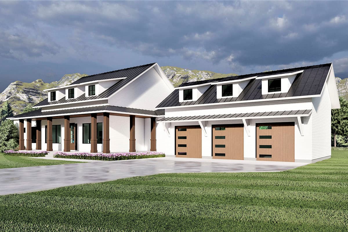 House plan exterior: Two-story Modern Farmhouse with a wraparound porch, dormers, and a three-car garage.