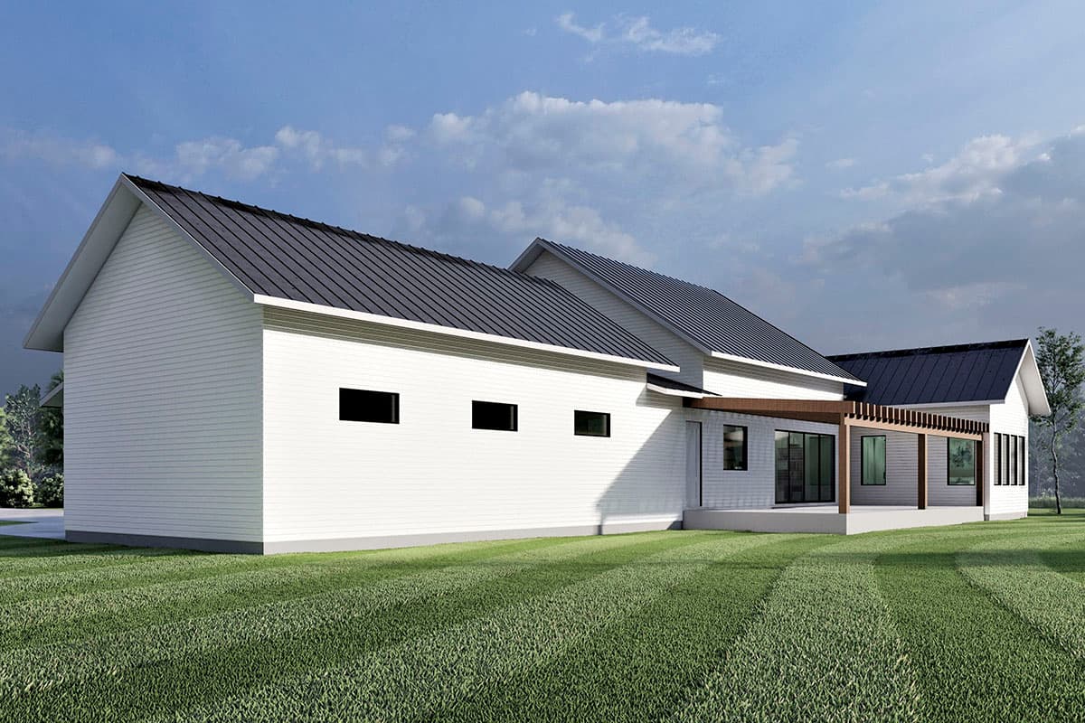 House plan exterior: Modern style, single story, white siding, dark metal roof, gabled rooflines, covered porch with pergola.