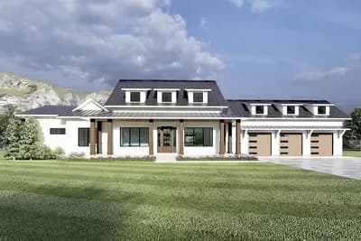 Modern Farmhouse Rambler House Plan Under 2800 Square Feet with Vaulted Family Room