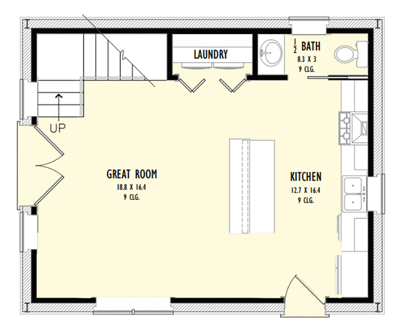 Plan 777026MTL: 2-Bed Rustic House Plan Under 1000 Square Feet - Floor Plan - Main Level - Barndominium, Country, Mountain, Rustic