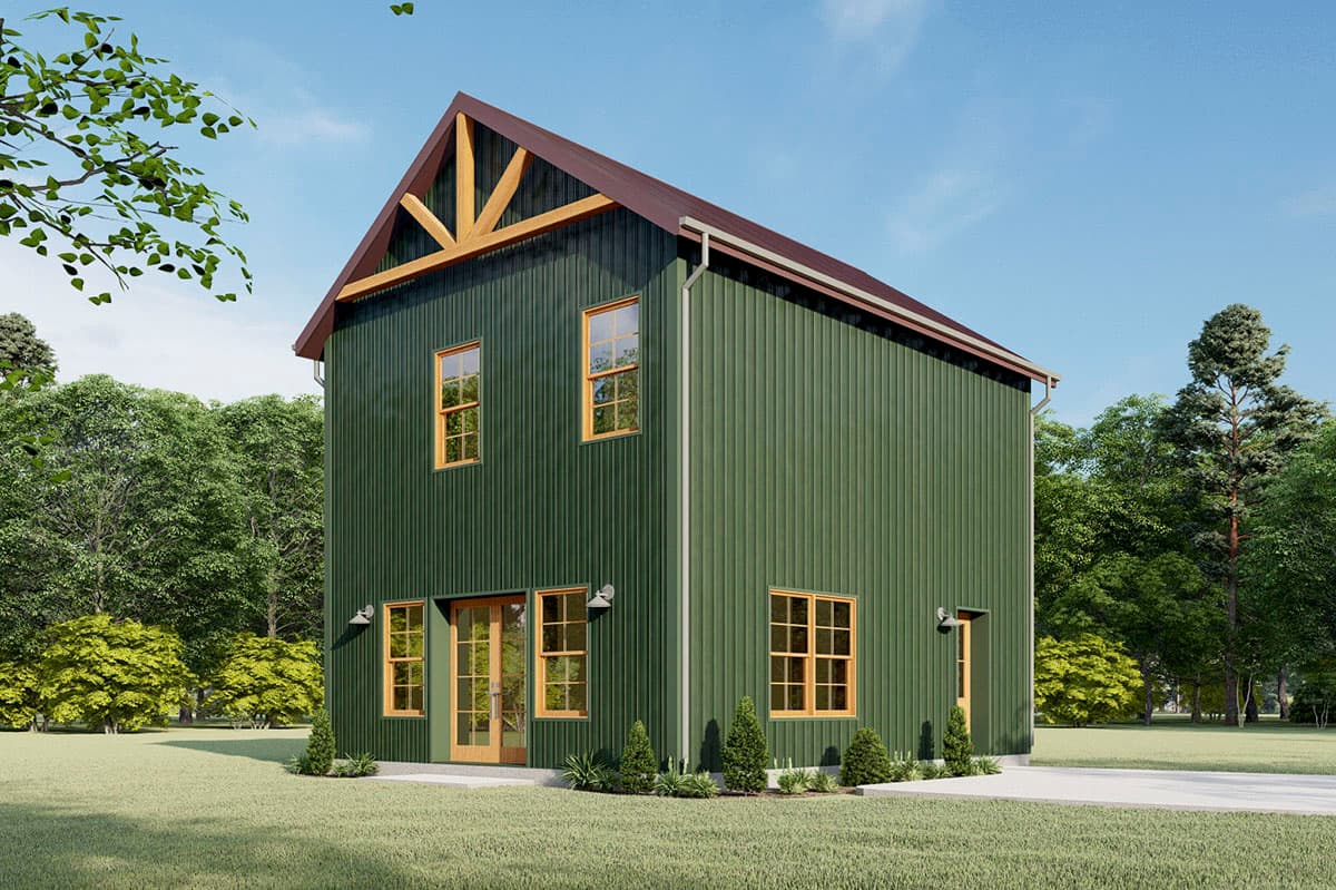 House plan exterior. Two-story Modern Farmhouse style with a gable roof, exposed timber framing, and vertical siding. Features a glass door.