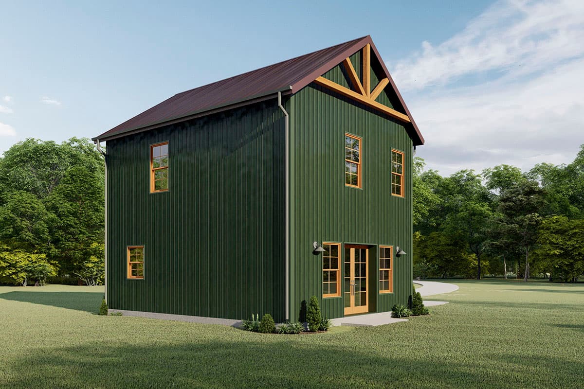 House plan exterior: Two-story modern farmhouse with green vertical siding, gable roof, and double glass doors.