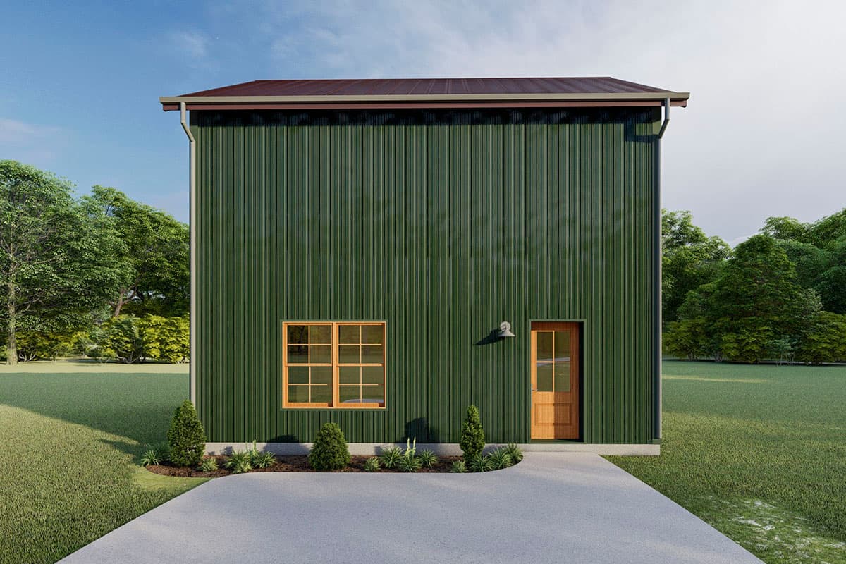 Modern house plan exterior with green corrugated metal siding, one window, and a wooden door.