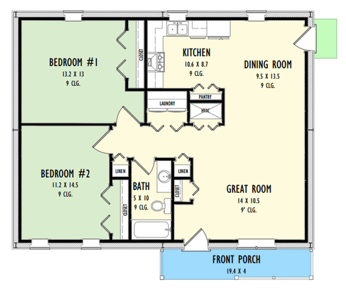 Plan 777027MTL: 1140 Square Foot 2 Bedroom Rustic House Plan  - Floor Plan - Main Level - Barndominium, Country, Ranch, Rustic