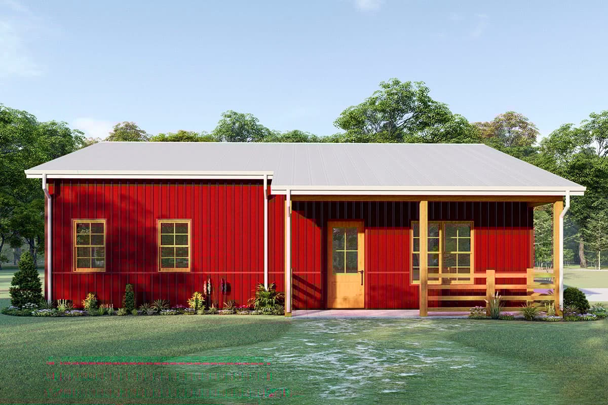 House plan exterior. One-story structure with a metal roof. Features include a covered porch, horizontal siding, and multiple windows.