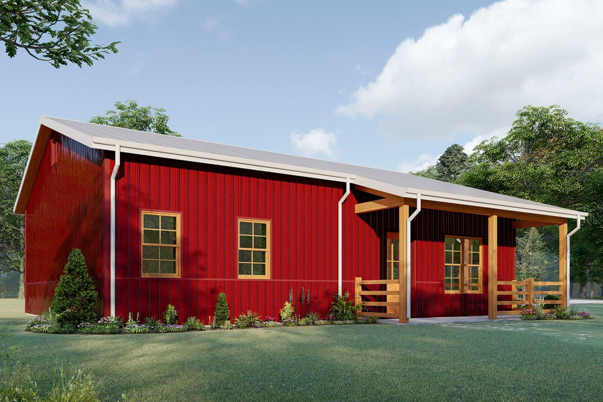 House plan exterior: Red metal siding, gable roof, 1 story, covered porch with wooden posts and railing.