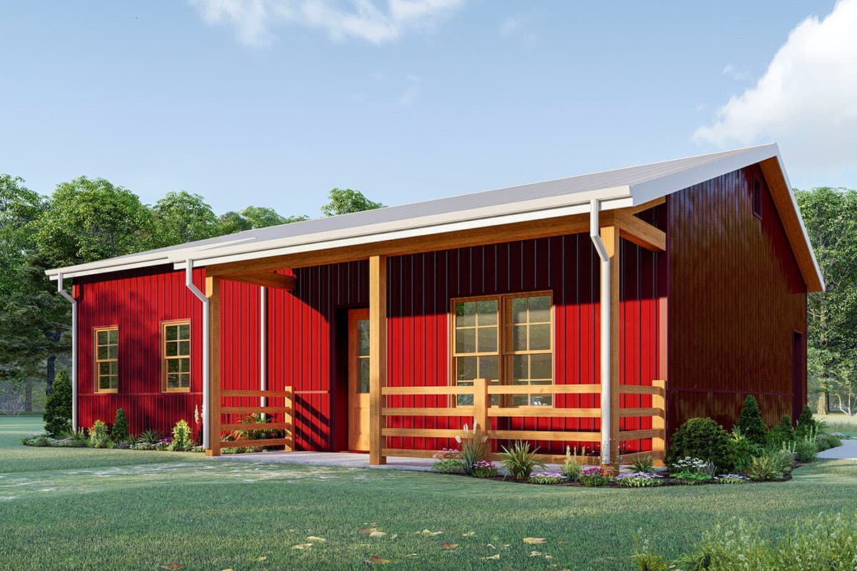 House plan exterior: single-story red building with metal siding, covered porch, wooden railings, and gabled roof.