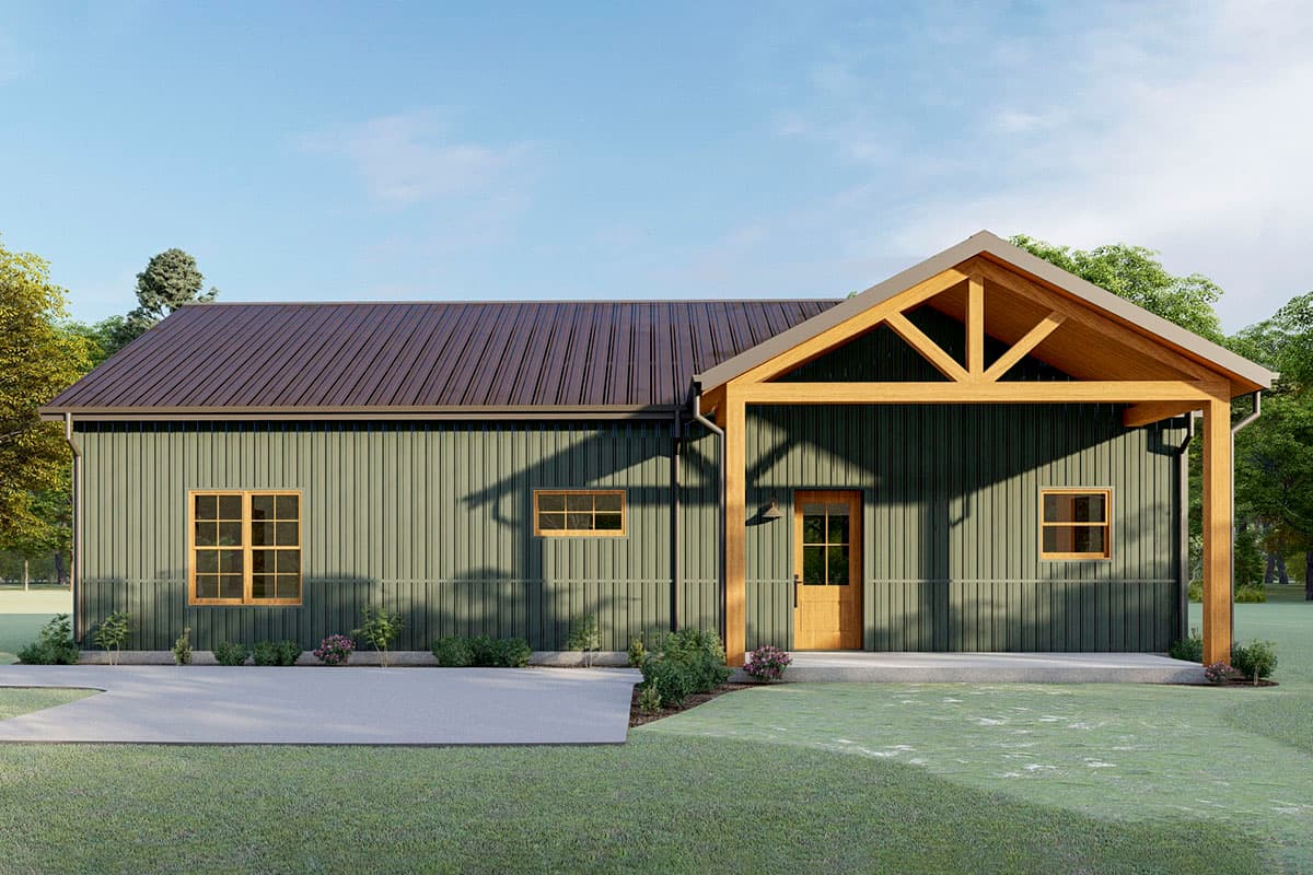 House plan exterior. One-story structure with a metal roof and open porch featuring exposed beams. Includes gable roof over the entry.
