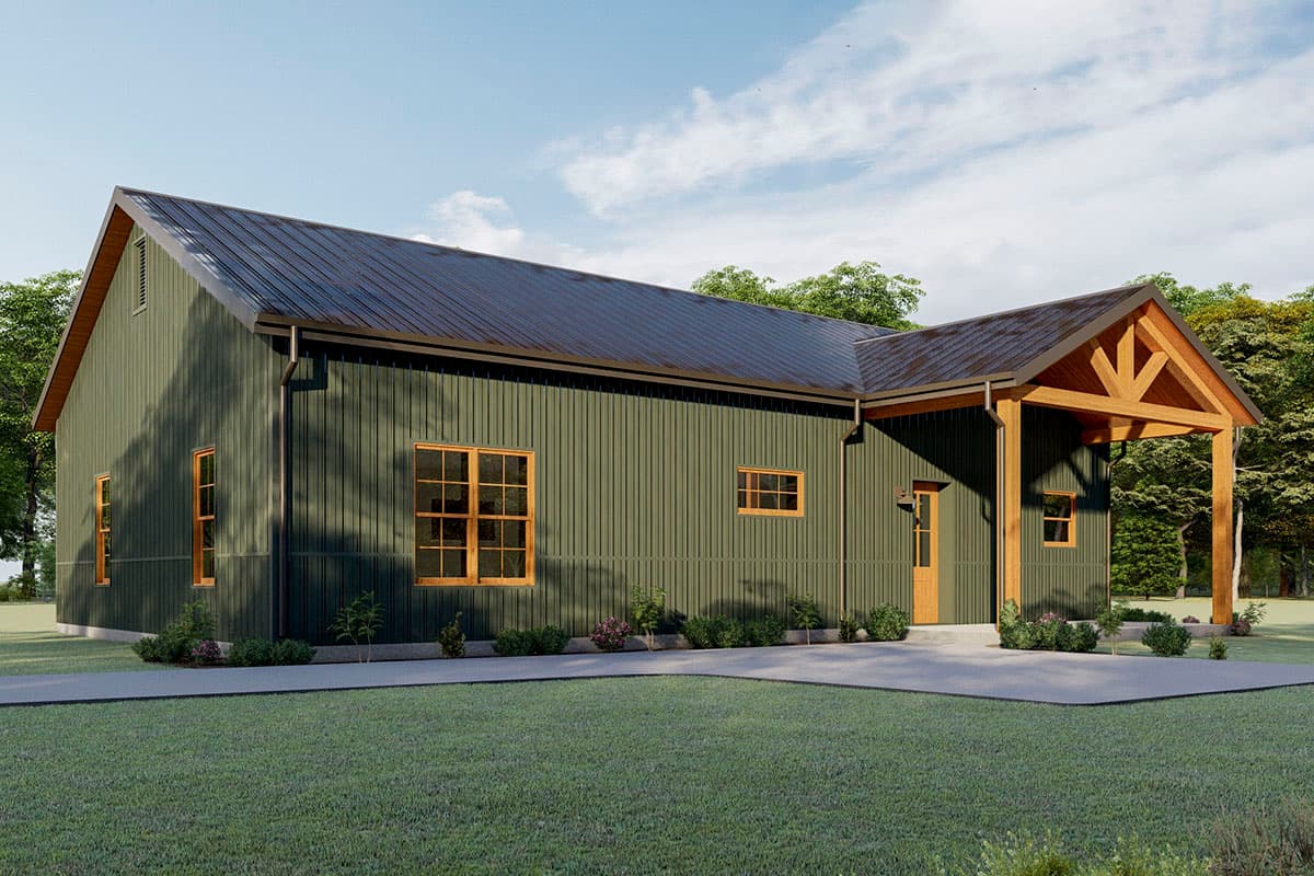 House plan exterior featuring vertical siding, a metal roof, and a timber-framed covered entry with a gable.