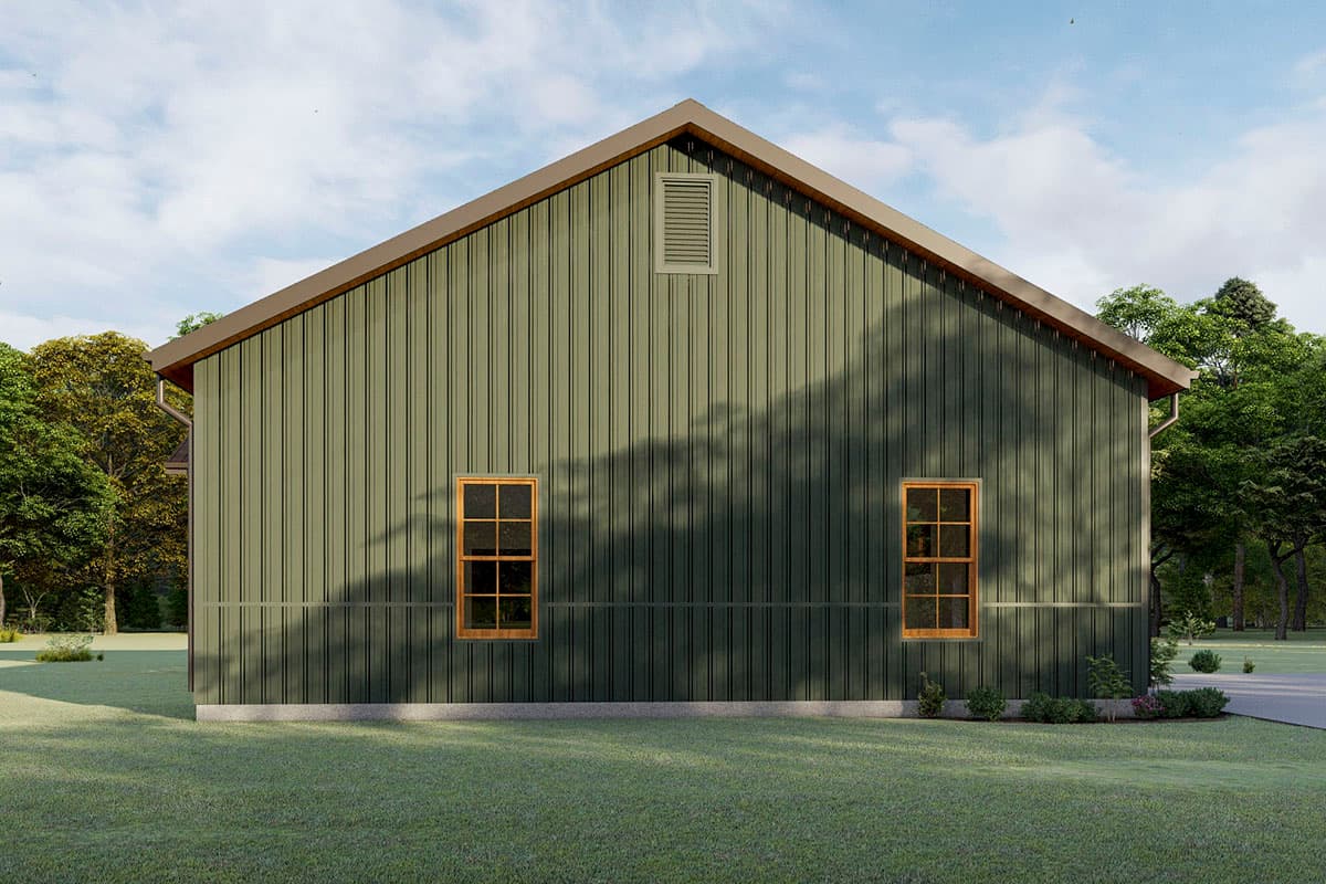 House plan exterior featuring vertical green siding, gable roof, two windows, and a vent.