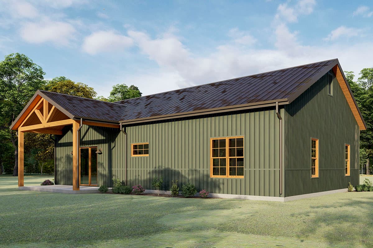 House plan exterior: Single-story design with a standing seam metal roof, covered entry with exposed wooden beams, and vertical siding.