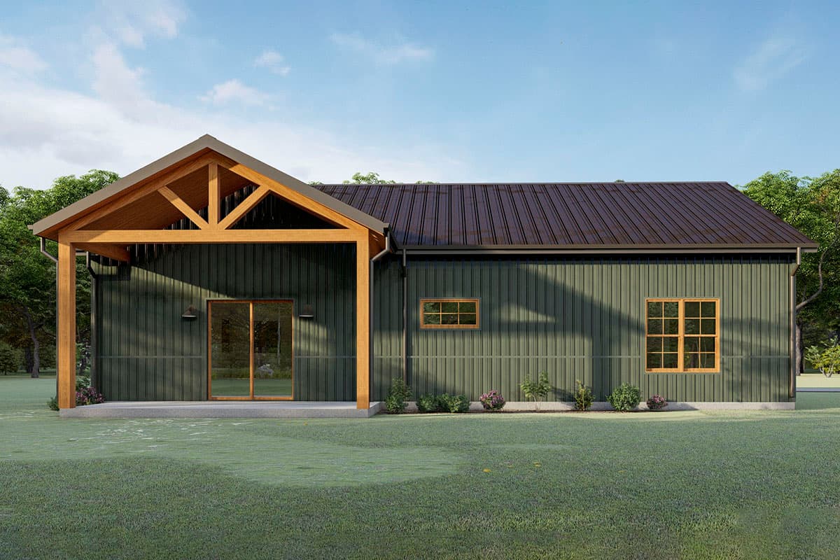 House plan exterior: Modern barn style, one story, with exposed timber frame covered porch, sliding glass doors, and dark metal roof.