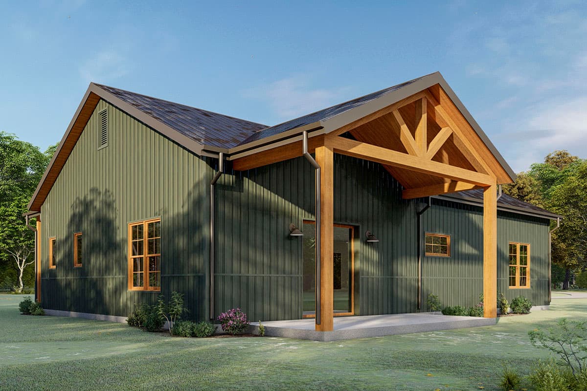 House plan exterior, modern ranch style, featuring a prominent exposed timber-framed porch, vertical siding, and multiple gables.