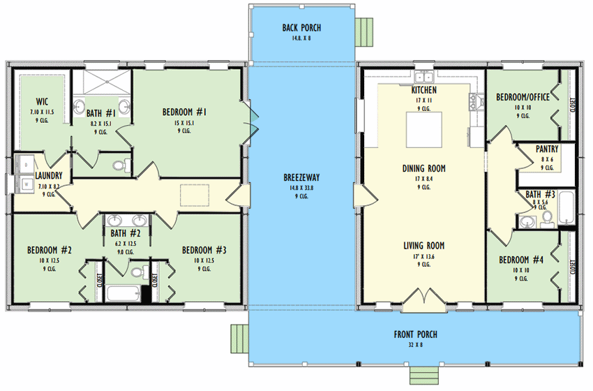 Plan 777029MTL: 2300 Square Foot Dog Trot House Plan - Floor Plan - Main Level - Country, Ranch, Rustic