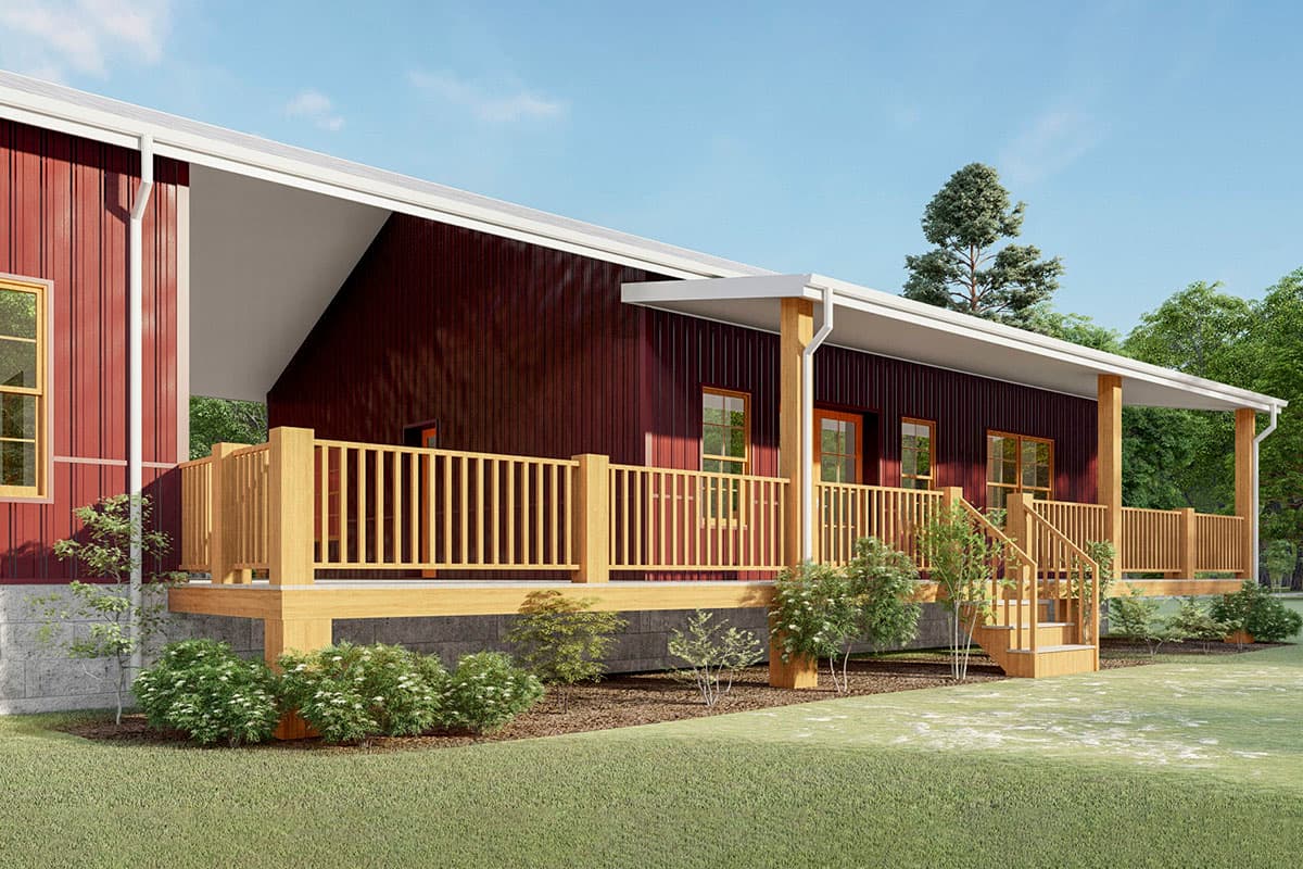 House plan exterior: Ranch style with red metal siding, wraparound porch, and gabled roof.