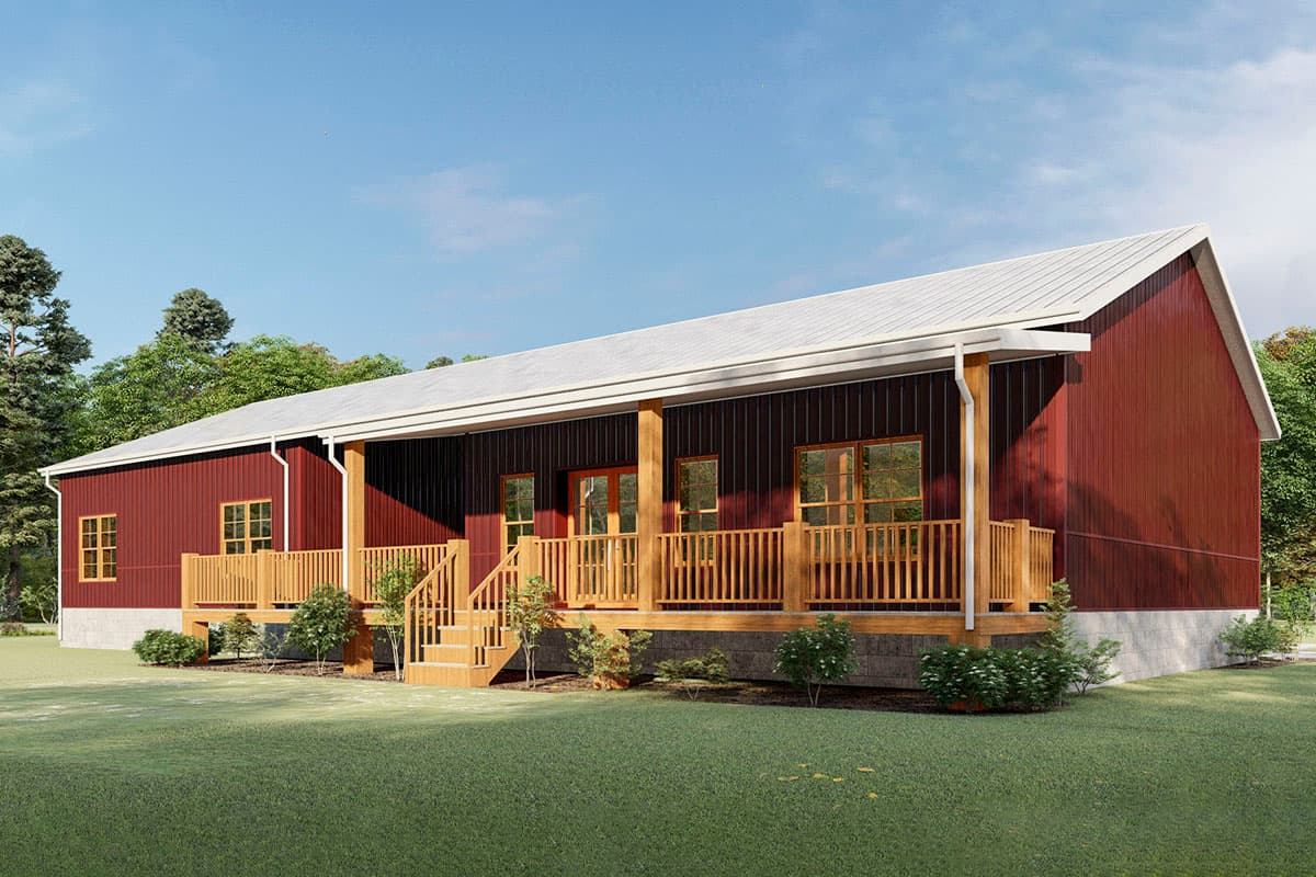 House plan exterior: single-story home with a deep covered porch, wooden railings, and metal siding.