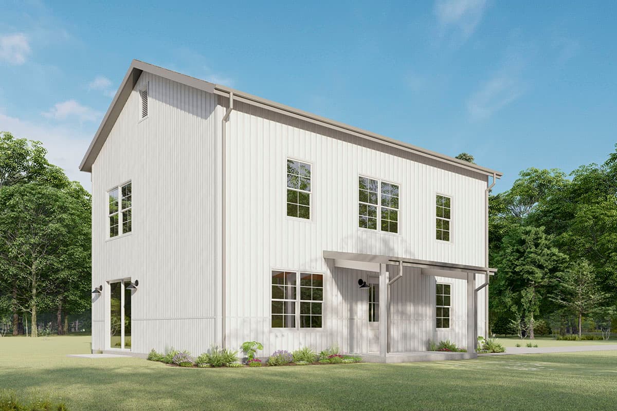House plan exterior. Two-story Modern Farmhouse style with a gable roof, covered porch, and vertical siding. Features multiple double-hung windows.