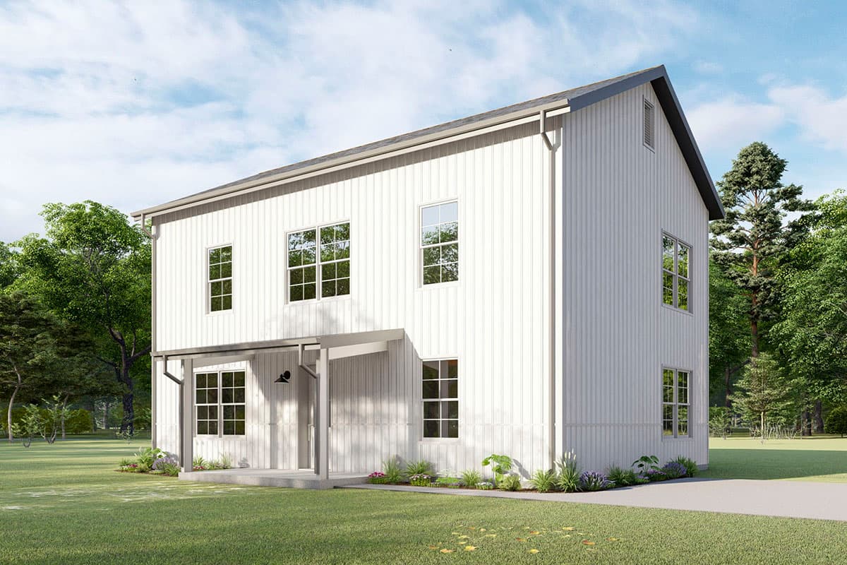 Modern farmhouse house plan exterior, two stories, vertical siding, porch, and prominent gables.