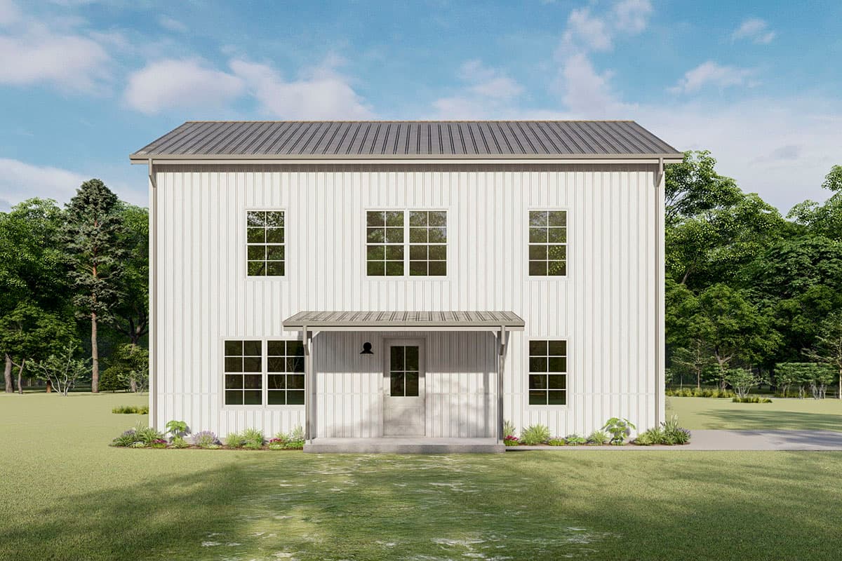 Two-story house plan exterior with vertical siding, metal roof, covered entry, and six-over-six windows.