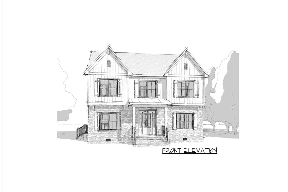 Front elevation drawing of a two-story house with gabled dormers, stone base, and covered entry.