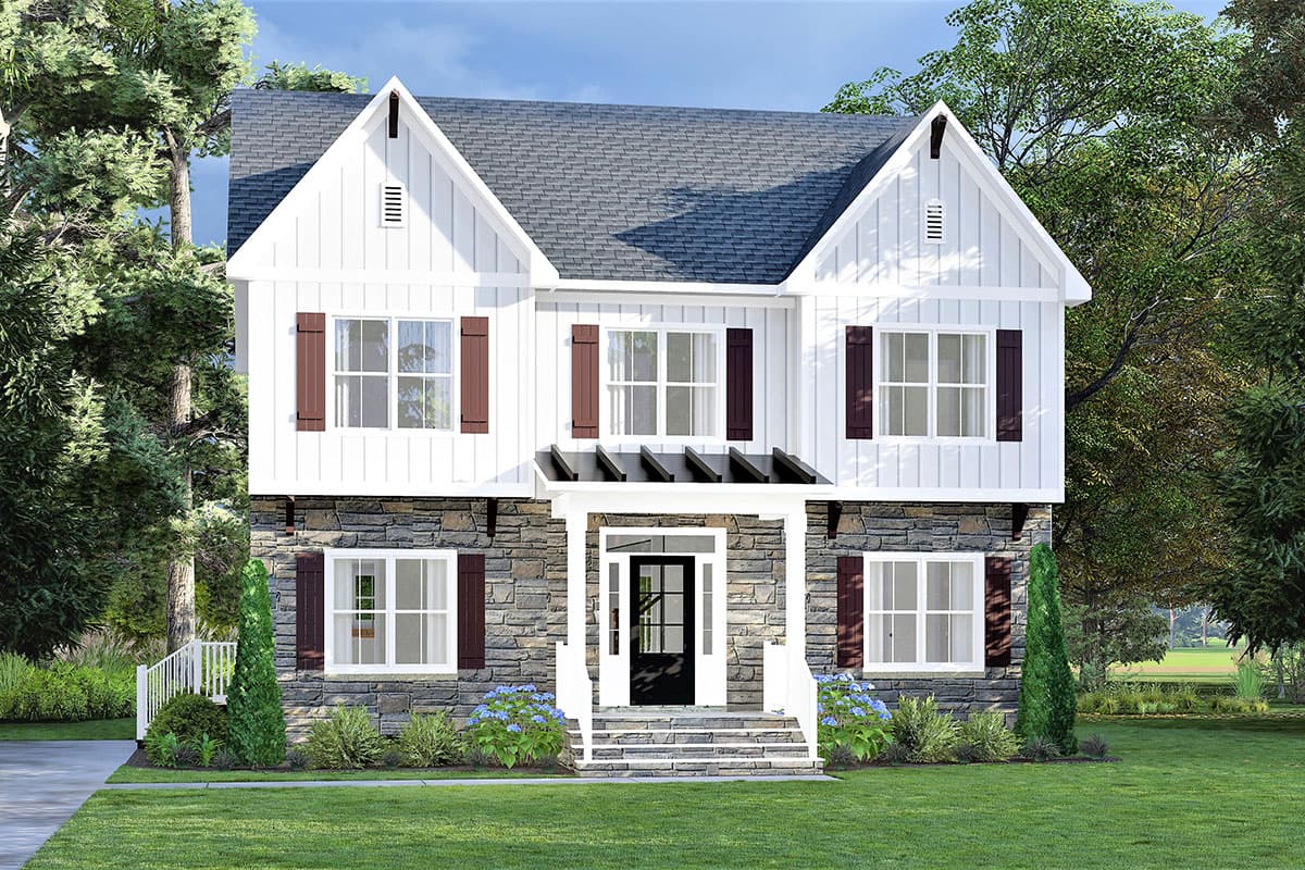 House plan exterior featuring a two-story farmhouse style with gabled roof, stone veneer, and covered front porch.