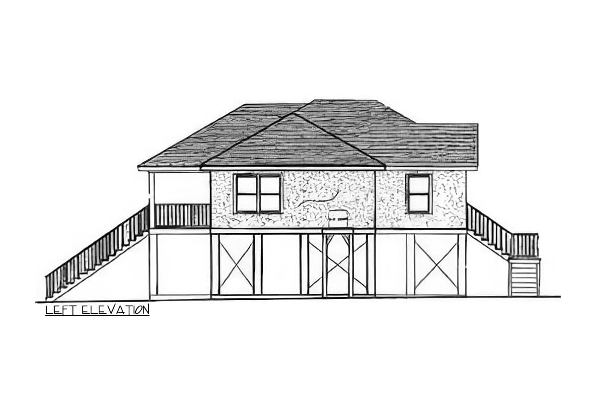 Left elevation house plan for a raised one-story structure with stairs on both sides, two windows, and a porch.