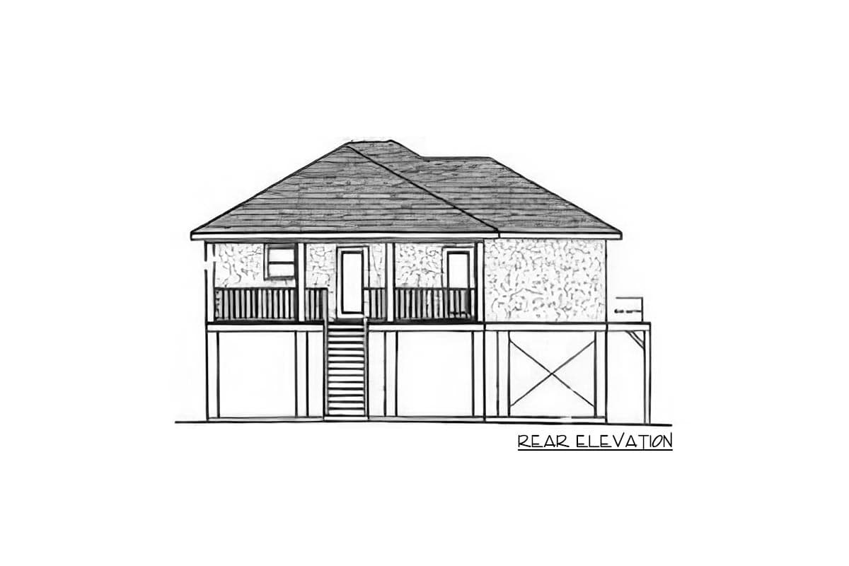 Rear elevation drawing of a house plan with a pitched roof, a raised foundation, and a central staircase to a covered porch.