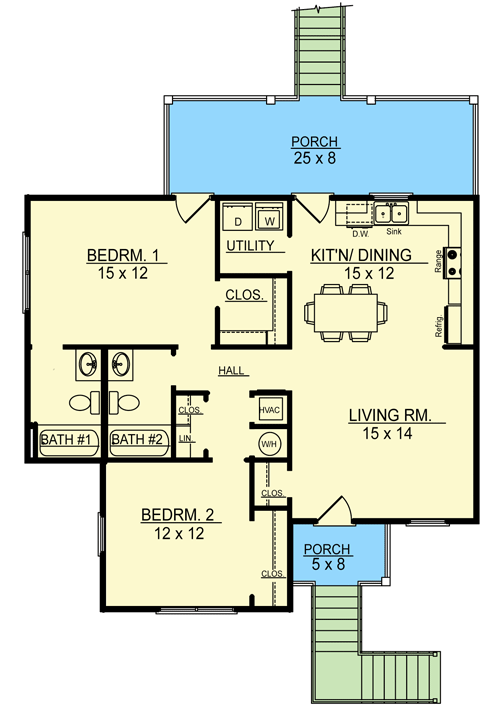 Plan 3471VL: 1013 Square Feet Elevated Coastal House Plan - Floor Plan - Main Level - Beach, Coastal, Low Country, Vacation