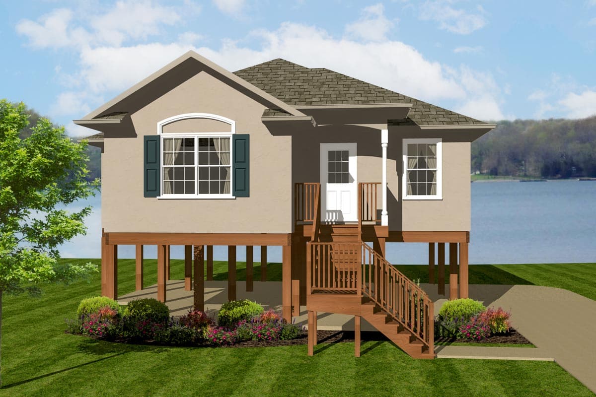 House plan exterior: one-story home on stilts with arched window, front porch, and wide stairs. 
