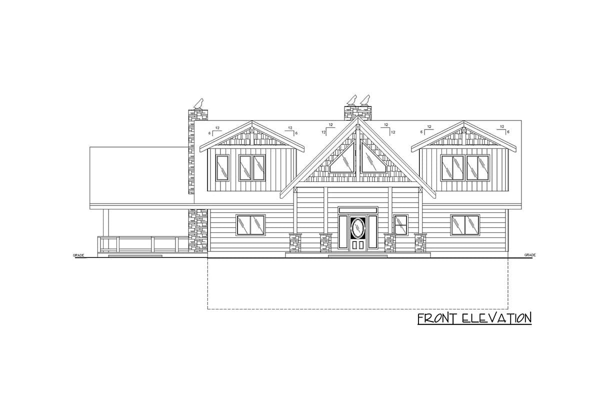 Front elevation house plan drawing of a two-story home with gabled dormers, stone accents, and a covered porch.