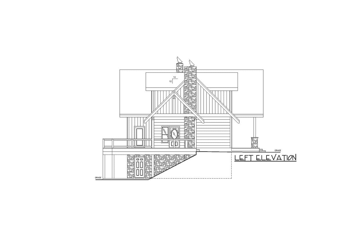 House plan left elevation showing a two-story structure with a prominent stone chimney, gabled roof, and a deck.