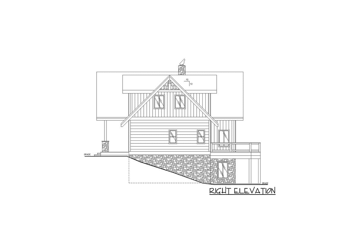 House plan right elevation drawing showing a two-story home with a gable roof, dormers, a porch, and a deck.