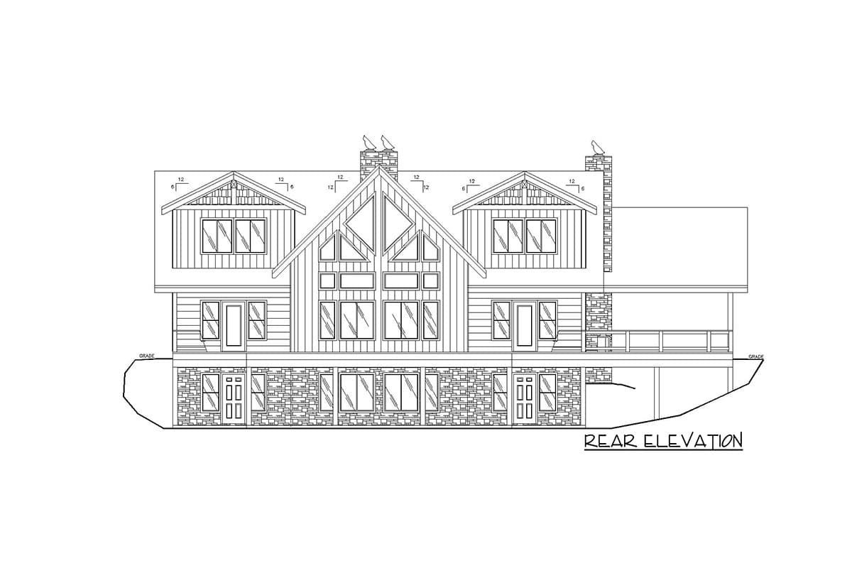 Rear elevation drawing of a house with multiple gables, a large central window bank, stone foundation, and a covered porch.