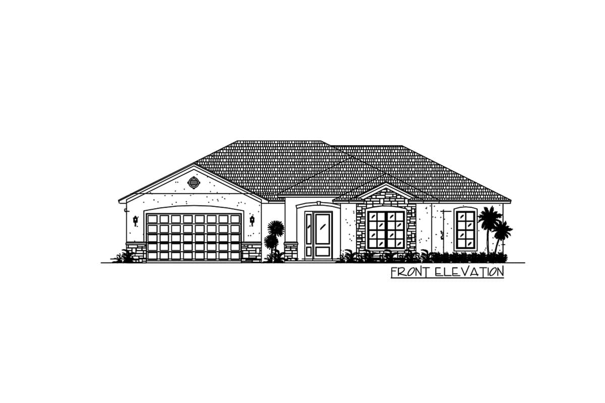 Front elevation drawing of a single-story house with a two-car garage, covered entry, and hip roof.