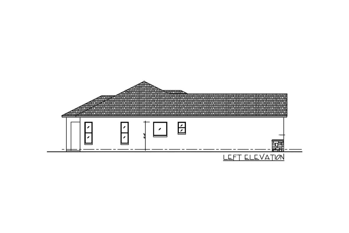Left elevation drawing of a single-story house plan with a hip roof, multiple windows, and a stone accent base.