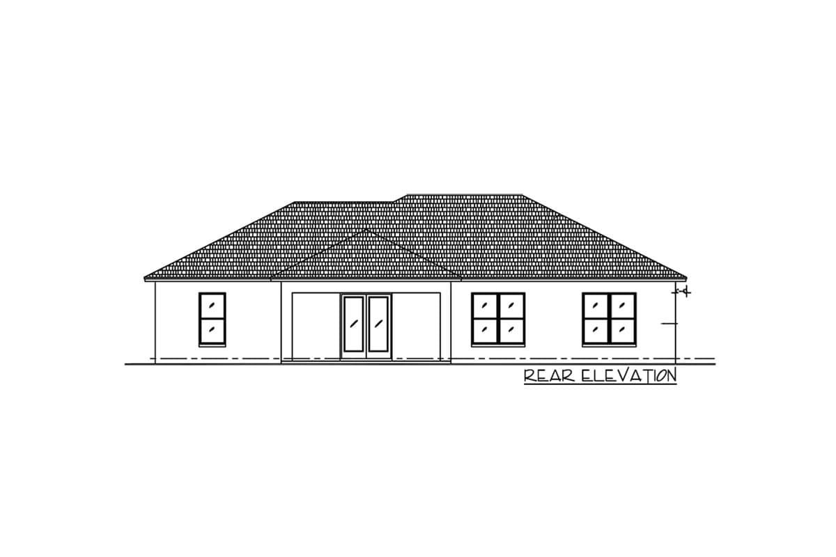 Rear elevation drawing of a single-story house plan with a hipped roof, double doors, and three windows.