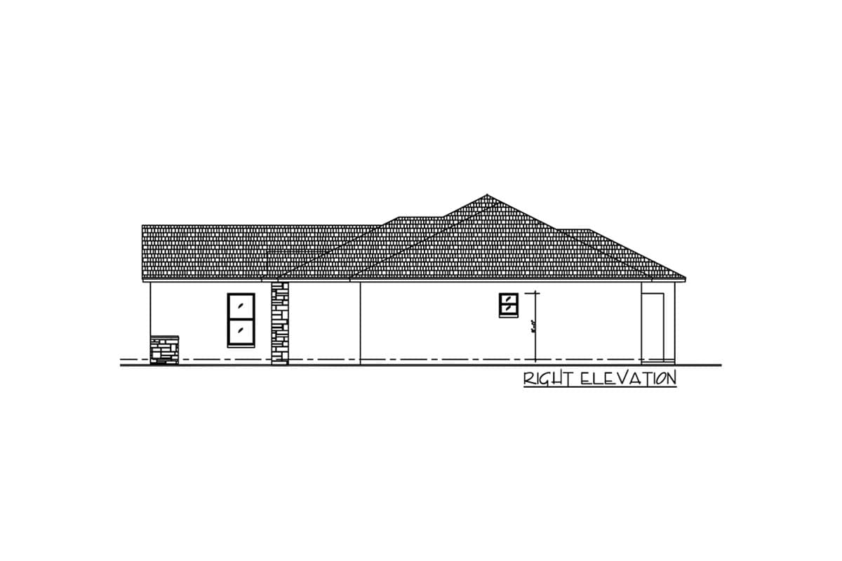Right elevation drawing of a single-story house plan with a hip roof, two windows, and a garage.