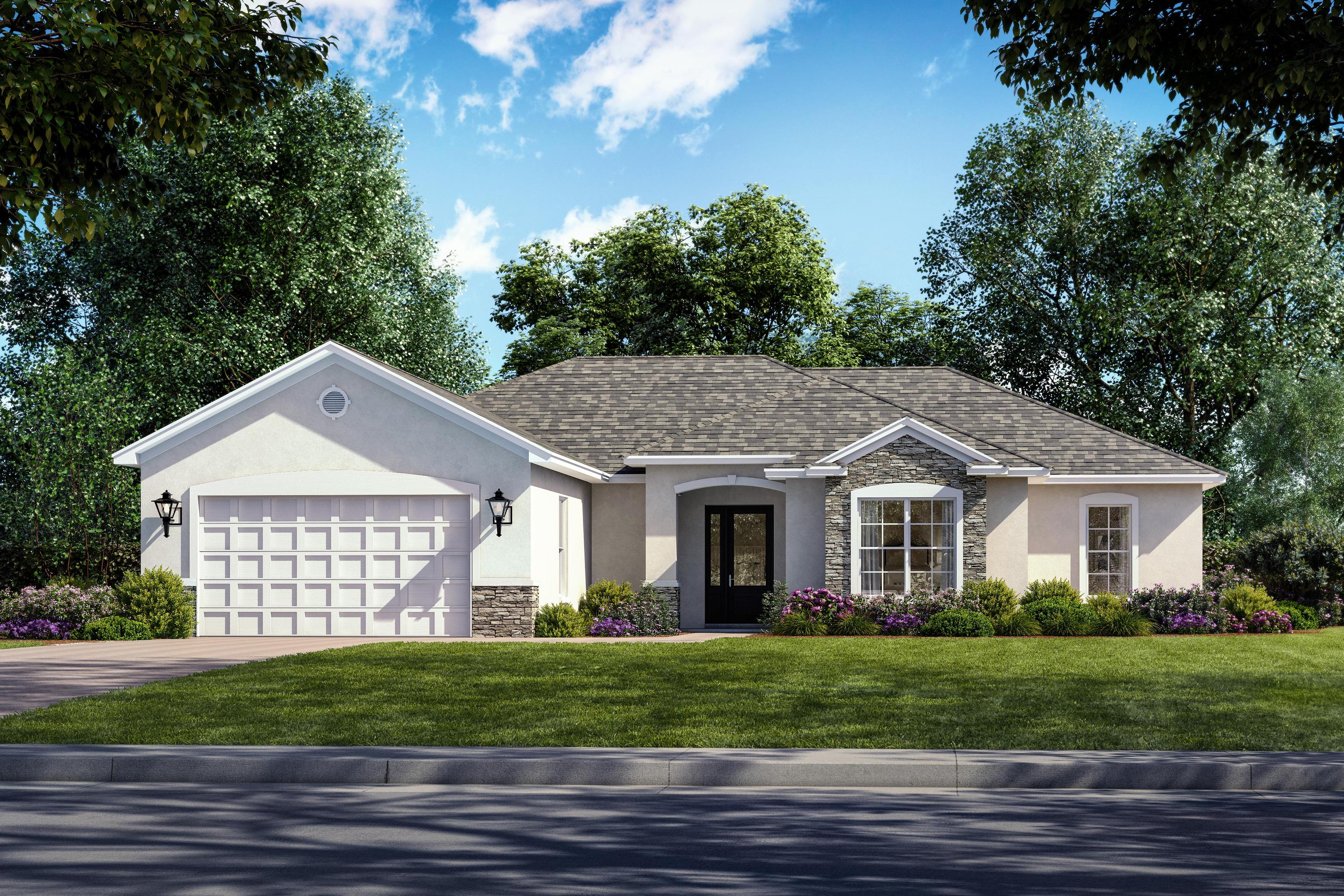 House plan exterior. Ranch-style home with gabled roof, stone accents, and a front-facing garage. Features include arched entry and windows.