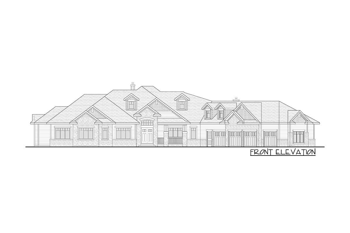 Front elevation drawing of a large, multi-story house plan with a five-car garage and multiple gables.