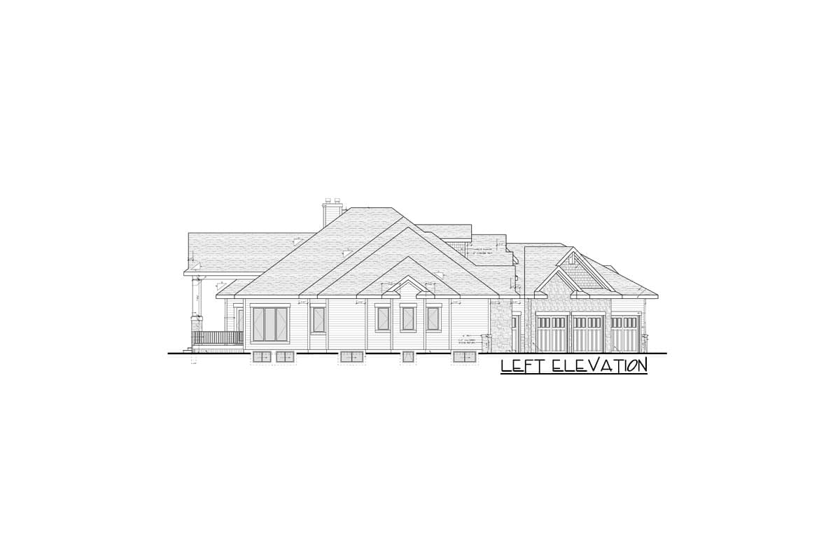 Left elevation drawing of a house plan featuring a covered porch, dormer windows, and a three-car garage.