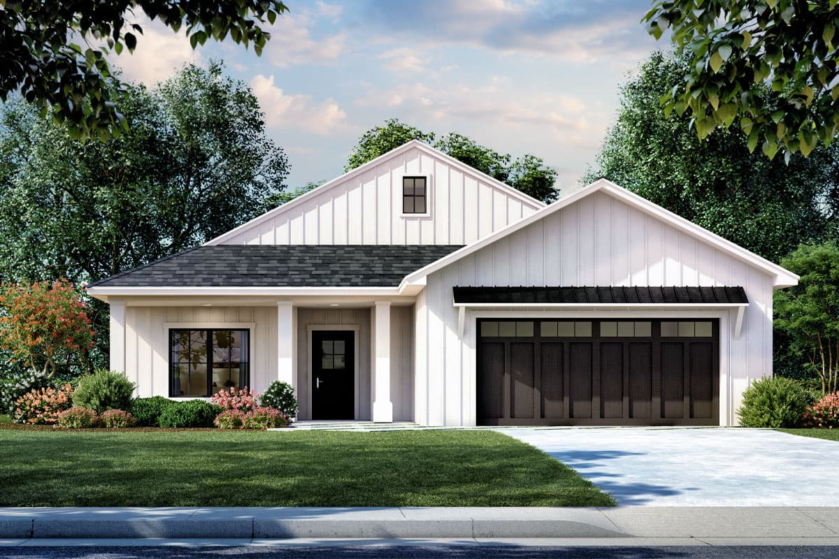 House plan exterior. Modern Farmhouse style with a single story, gable roof, front porch, and attached garage. Vertical siding and dark garage door.