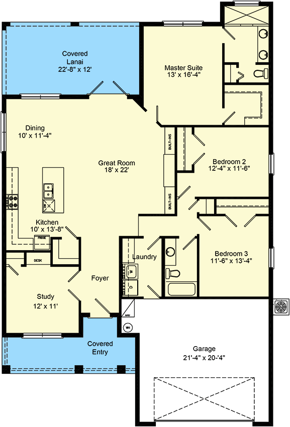 Plan 64326BT: Traditional New American House Plan with Study Area - 1900 Sq Ft - Floor Plan - Main Level - Country, New American, Ranch, Southern, Traditional