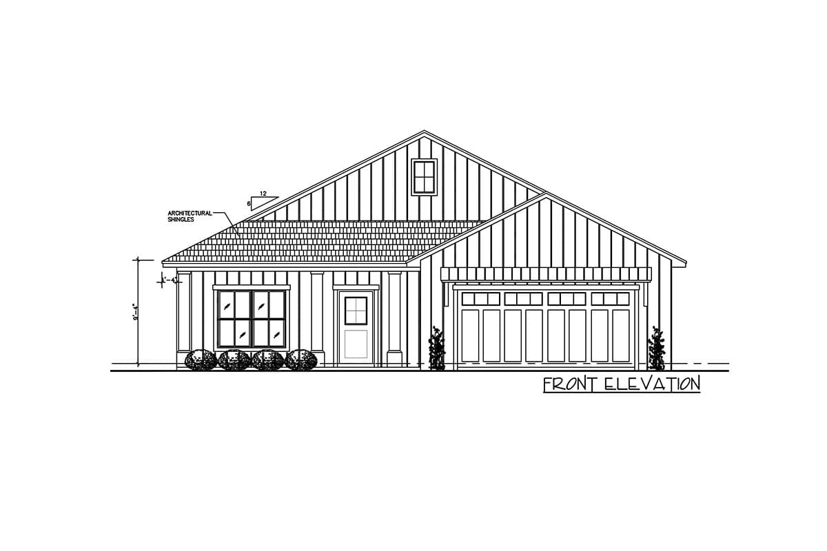 Front elevation house plan with a gabled roof, dormer, porch with columns, large window, and attached garage.