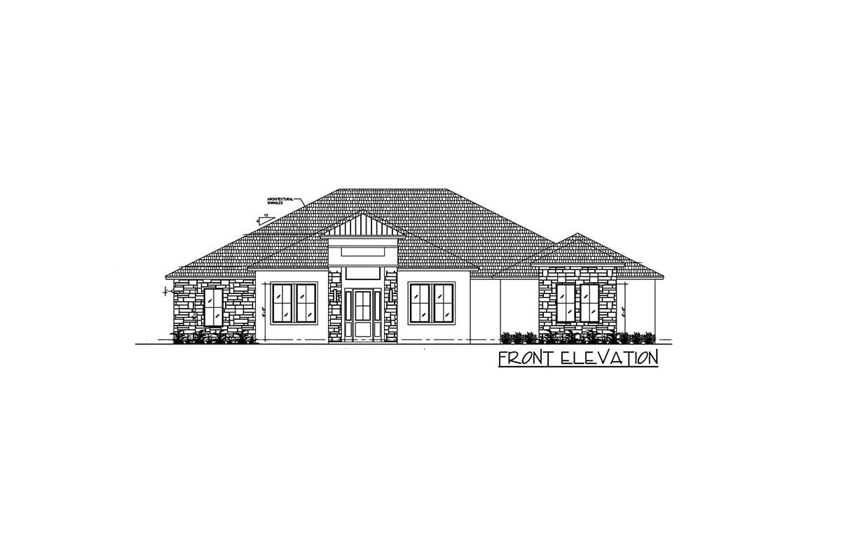 Front elevation drawing of a single-story house with stone accents, multiple gables, and a prominent central entrance.