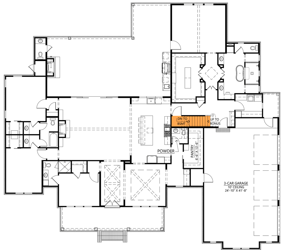Plan 56529SM: 3300 Square Foot Split Bedroom Modern Farmhouse with 3-Car Garage and Bonus Expansion - Floor Plan - Basement Stairs Location - Country, Modern Farmhouse, Southern, Traditional