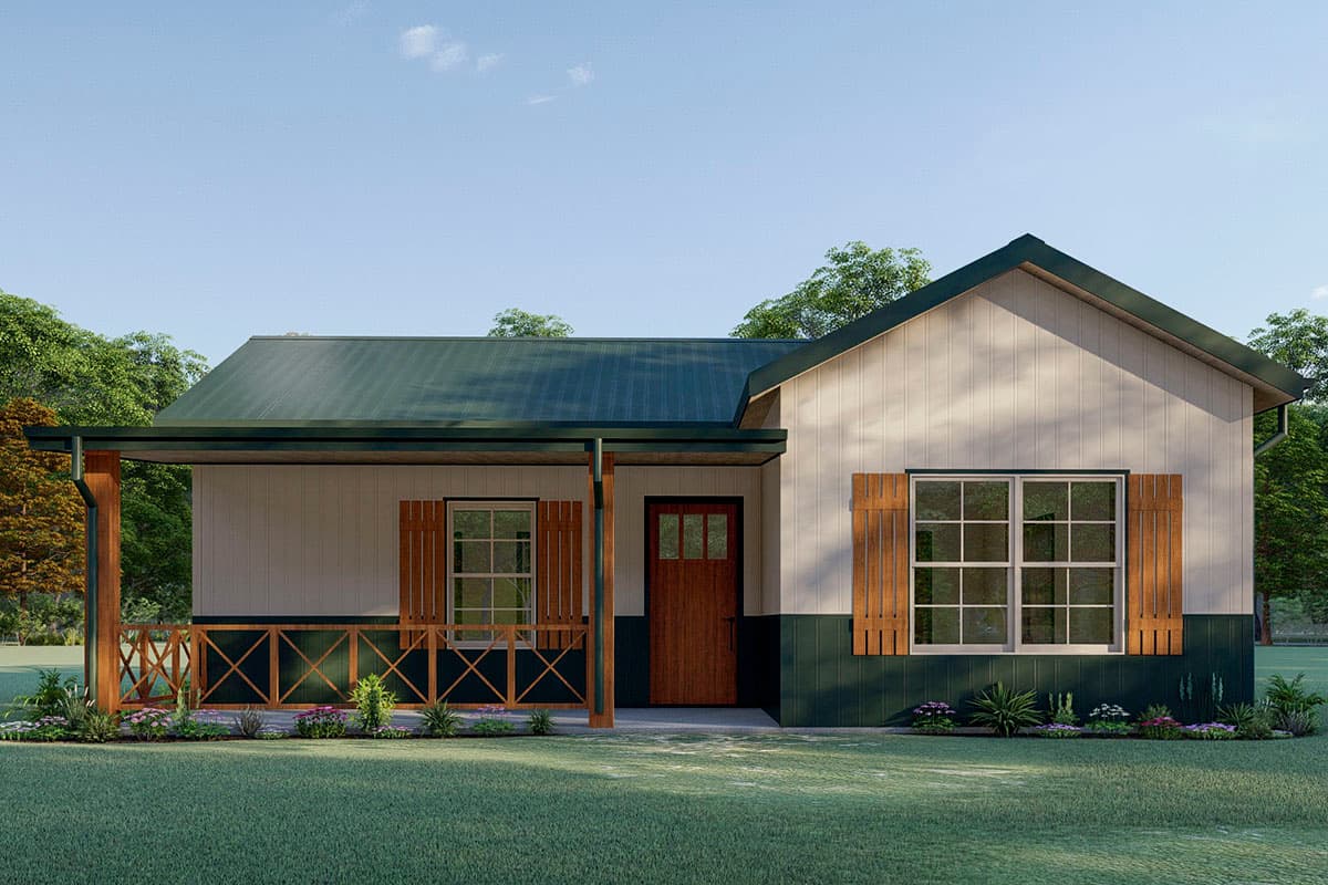 House plan exterior: Ranch-style, single-story home with a covered front porch, cross-braced railing, and board-and-batten siding.